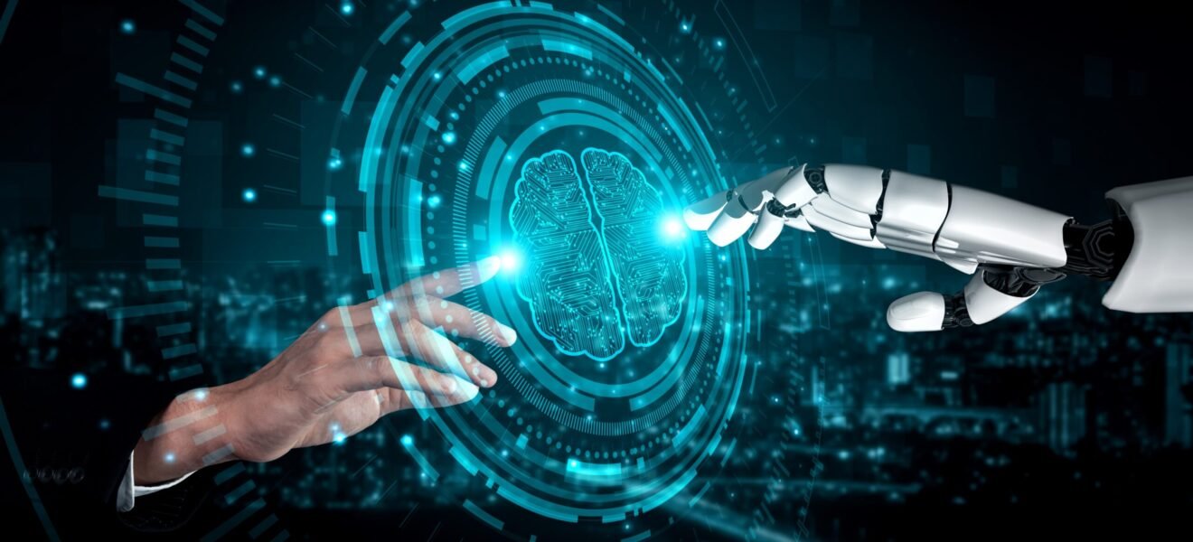 3D rendering artificial intelligence AI research of robot and cyborg development for future of people living. Digital data mining and machine learning technology design for computer brain.